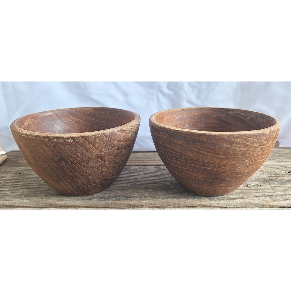 Vtg Genuine Teak Wood salad Bowls Set 2 Mid Century Modern Hand Turned Thailand